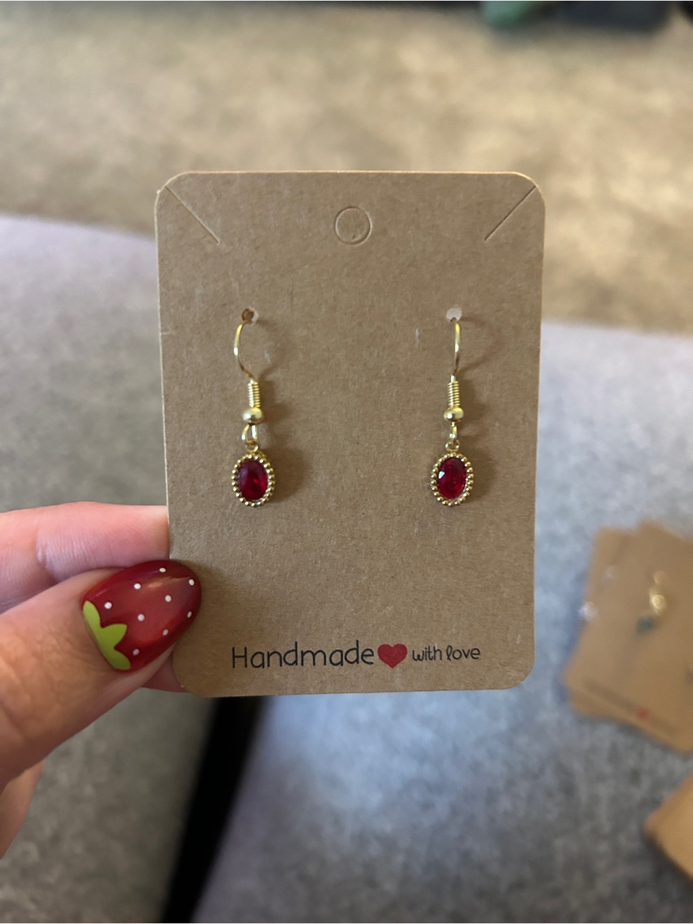 Gold-Tone Earrings with Red Oval Stones - Handmade